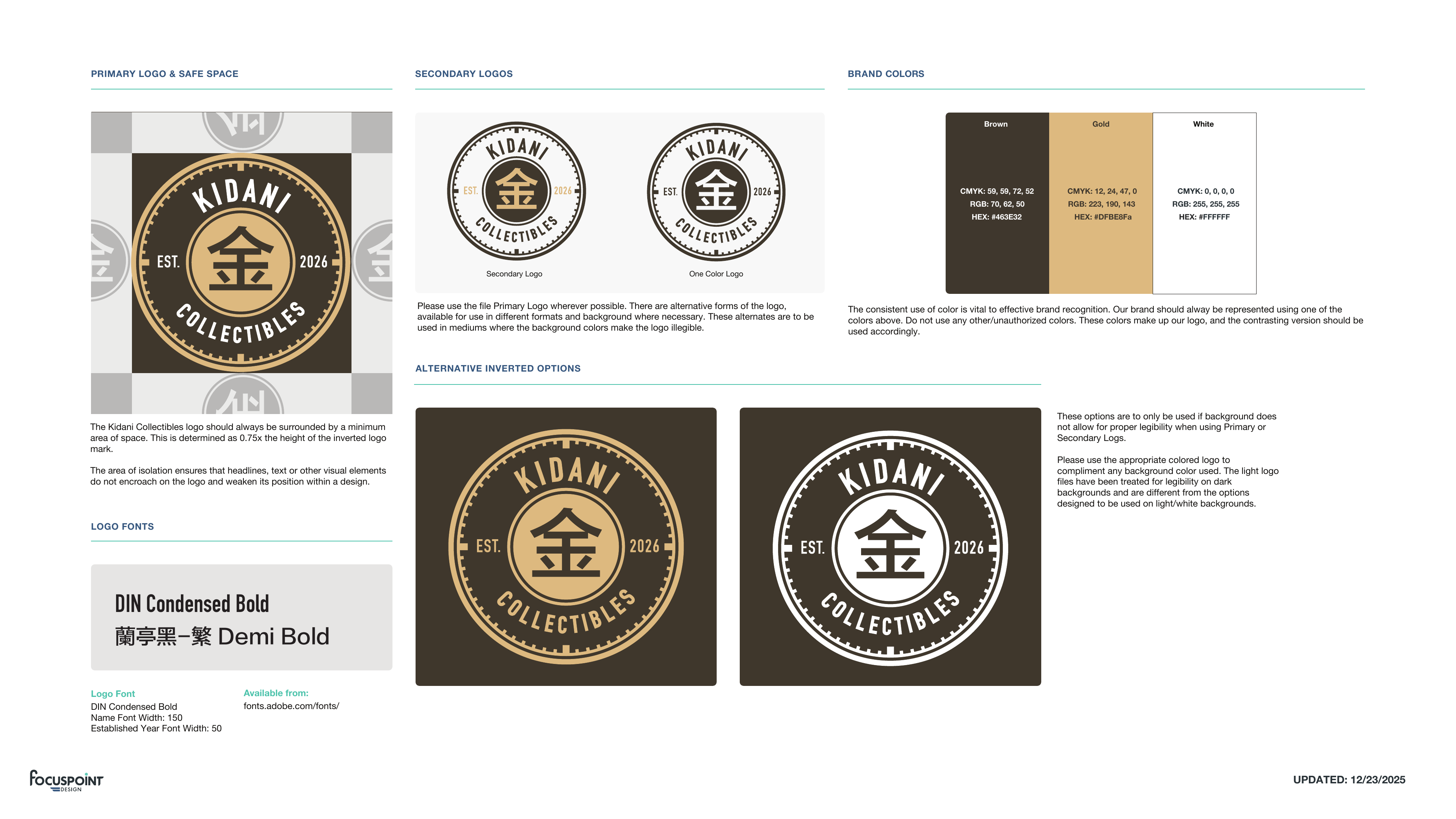 Kidani Collectibles logo style guide showing primary, secondary, one-color, inverted, typography, and brand-color guidance