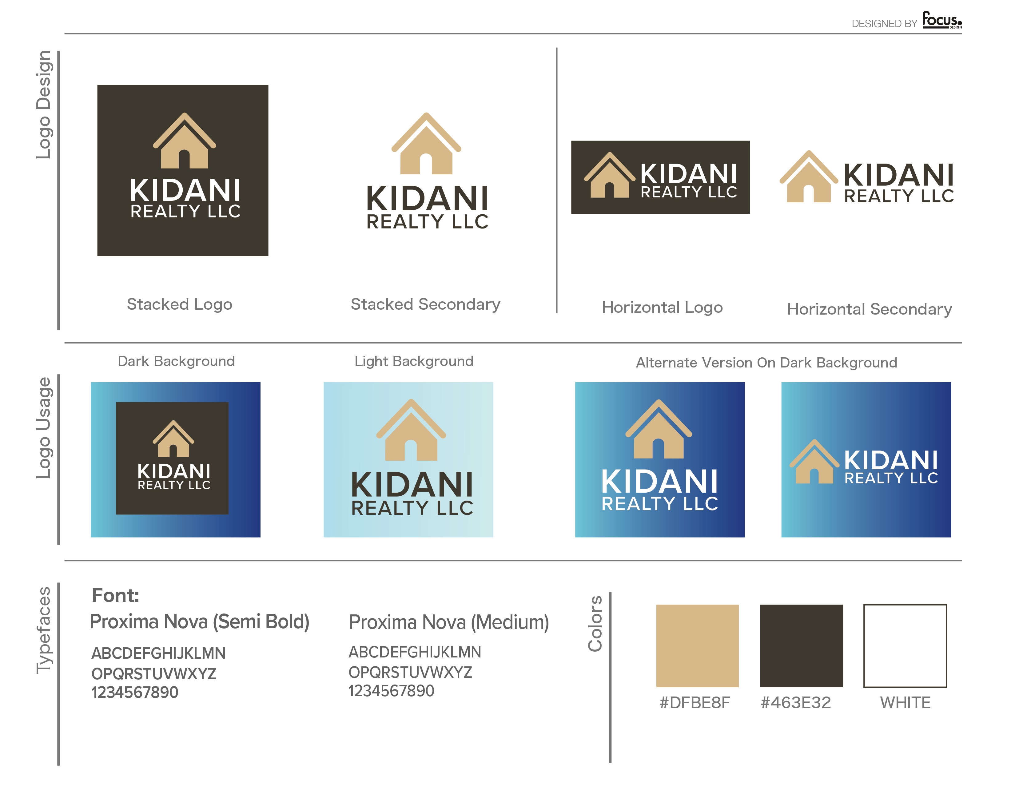 Kidani Realty logo style guide showing stacked and horizontal versions, background usage, typography, and colors
